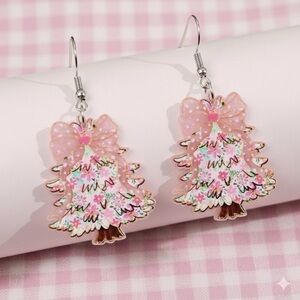 Pink Floral Christmas Tree Earrings